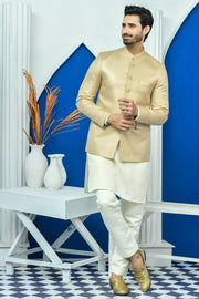 Golden Color Checkered Embroidered Prince Coat For Men