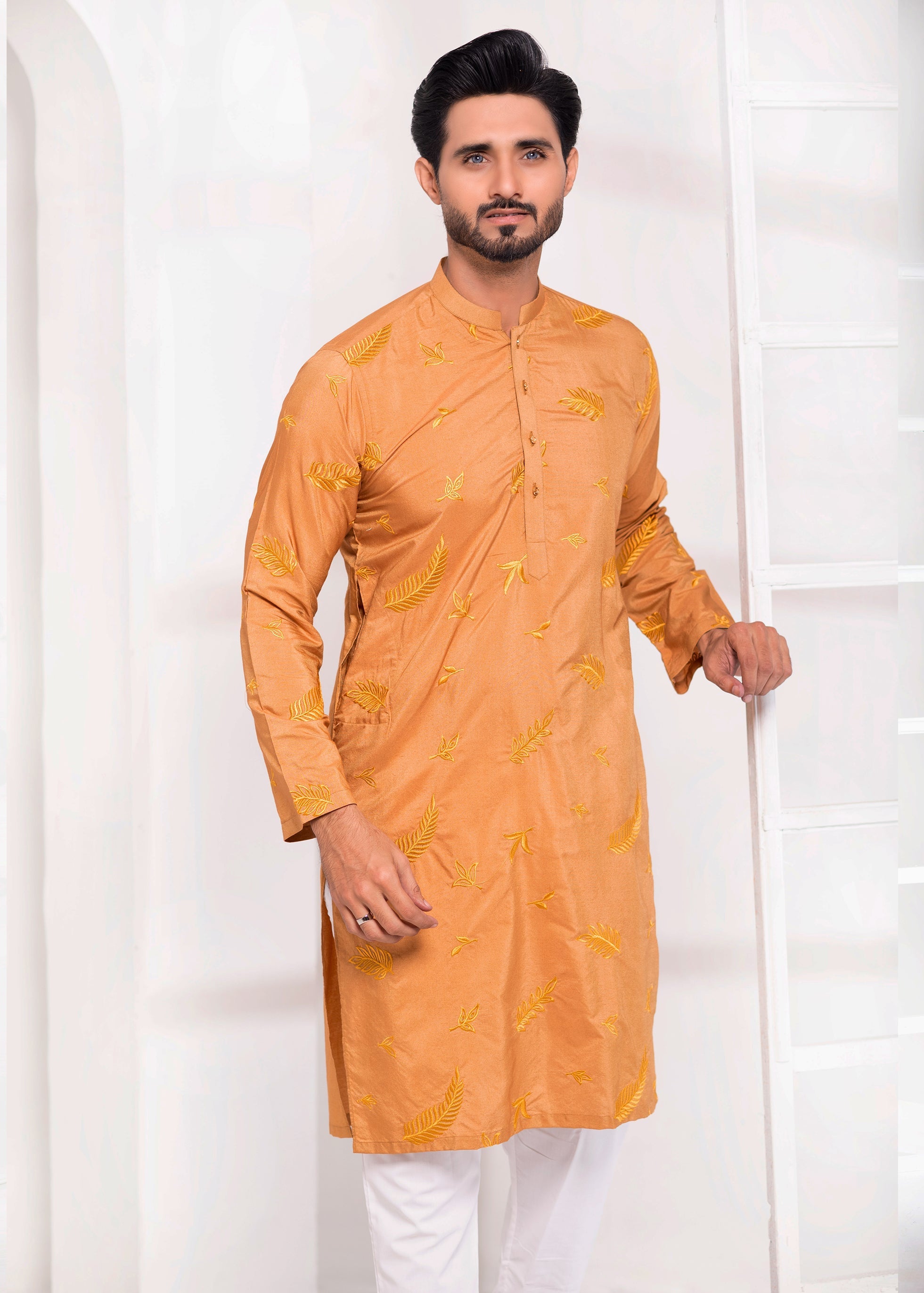 Orange Color Embroidered Kurta Pajama For Men