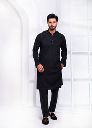 Black Color Wash & Wear Resham Embroidered Kurta Pajama For Men