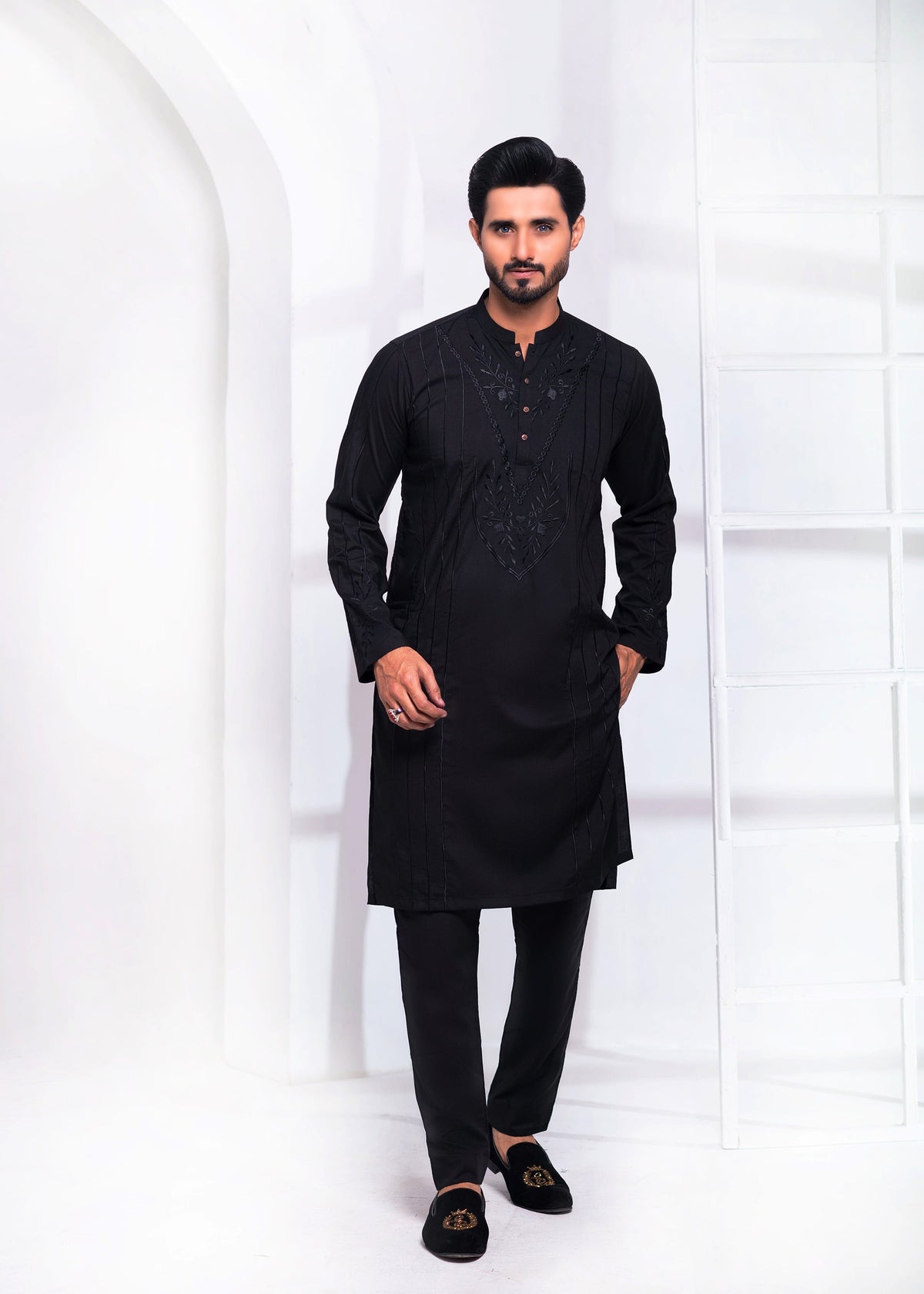 Black Color Wash & Wear Resham Embroidered Kurta Pajama For Men