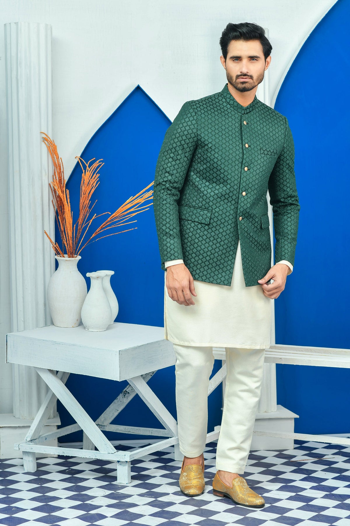 Green Color Diagonal Embroidered Prince Coat For Men