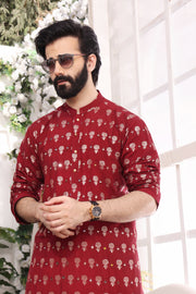 Red Mirror Embroidery Self Cotton Fabric Kurta Pajama For Men