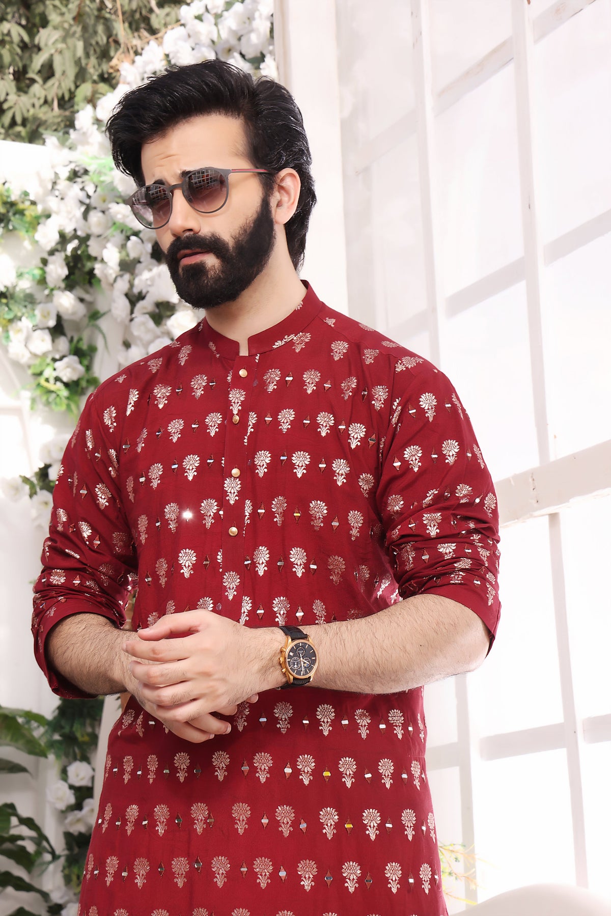 Red Mirror Embroidery Self Cotton Fabric Kurta Pajama For Men