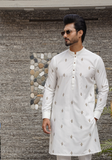 White Color Motifs Embroidered Kurta Pajama For Men