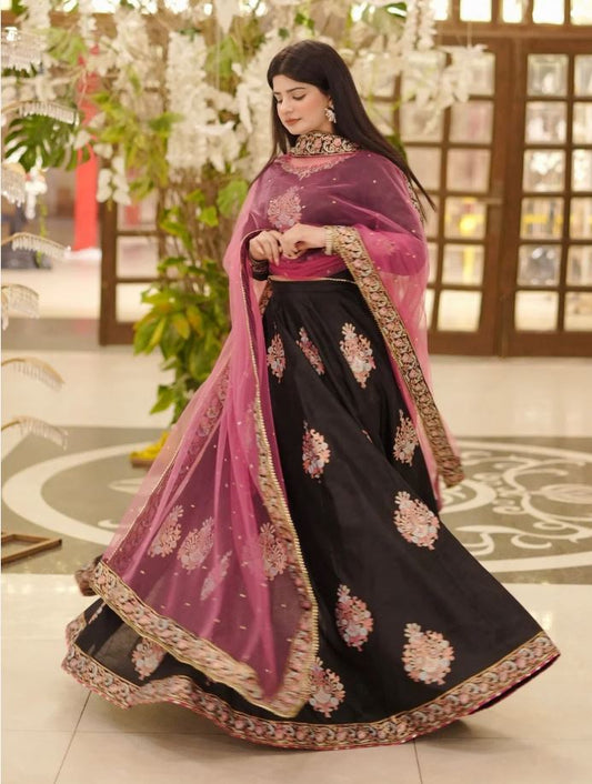 Elegant Block Printed Raw Silk Lehenga Choli with Dupatta For Women