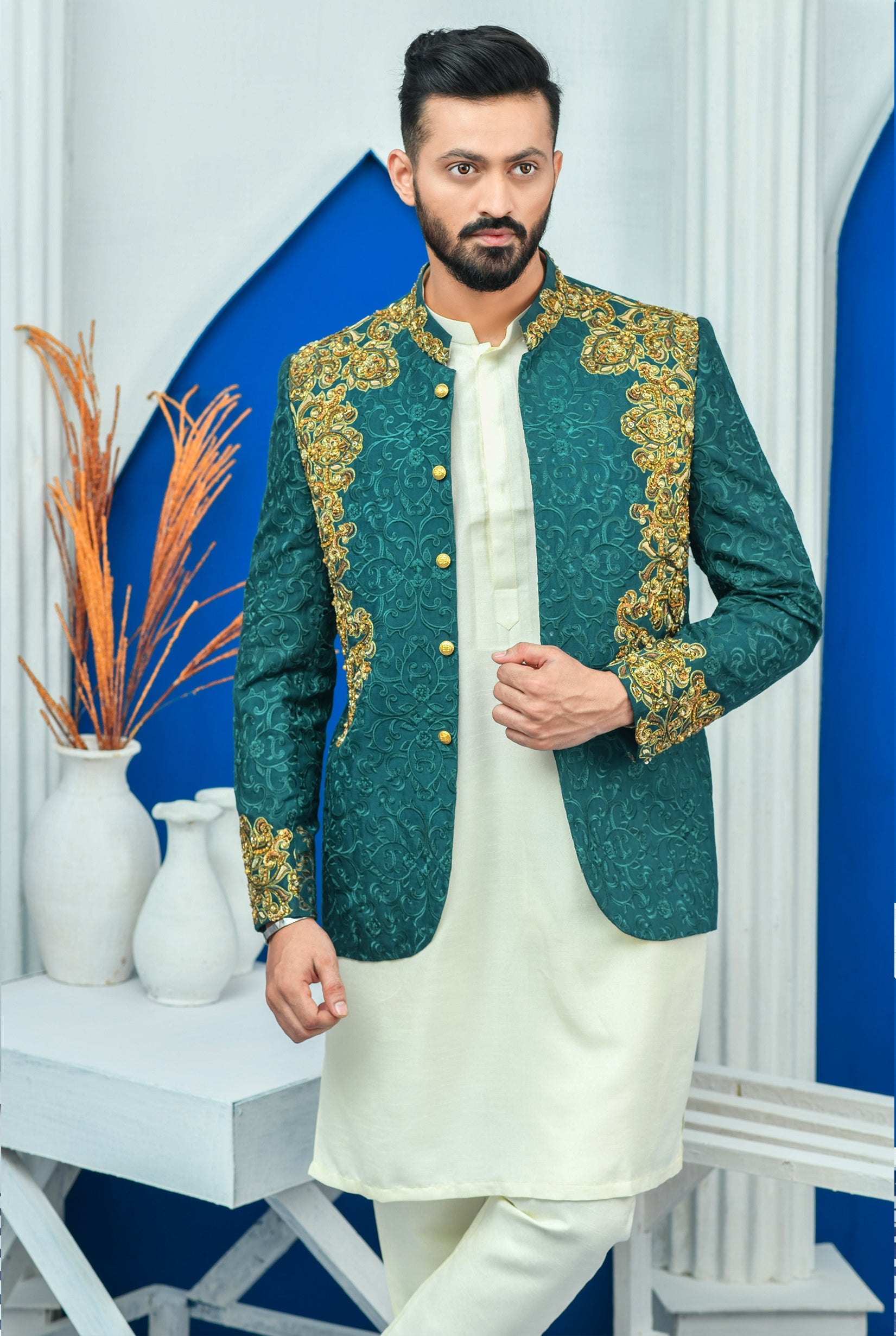 Royal Green Embroidered Prince Coat For Men