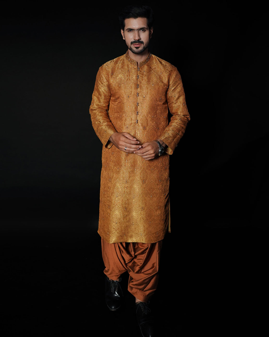 Rust Embroidered Atlas Kameez Shalwar with Dupatta For Men