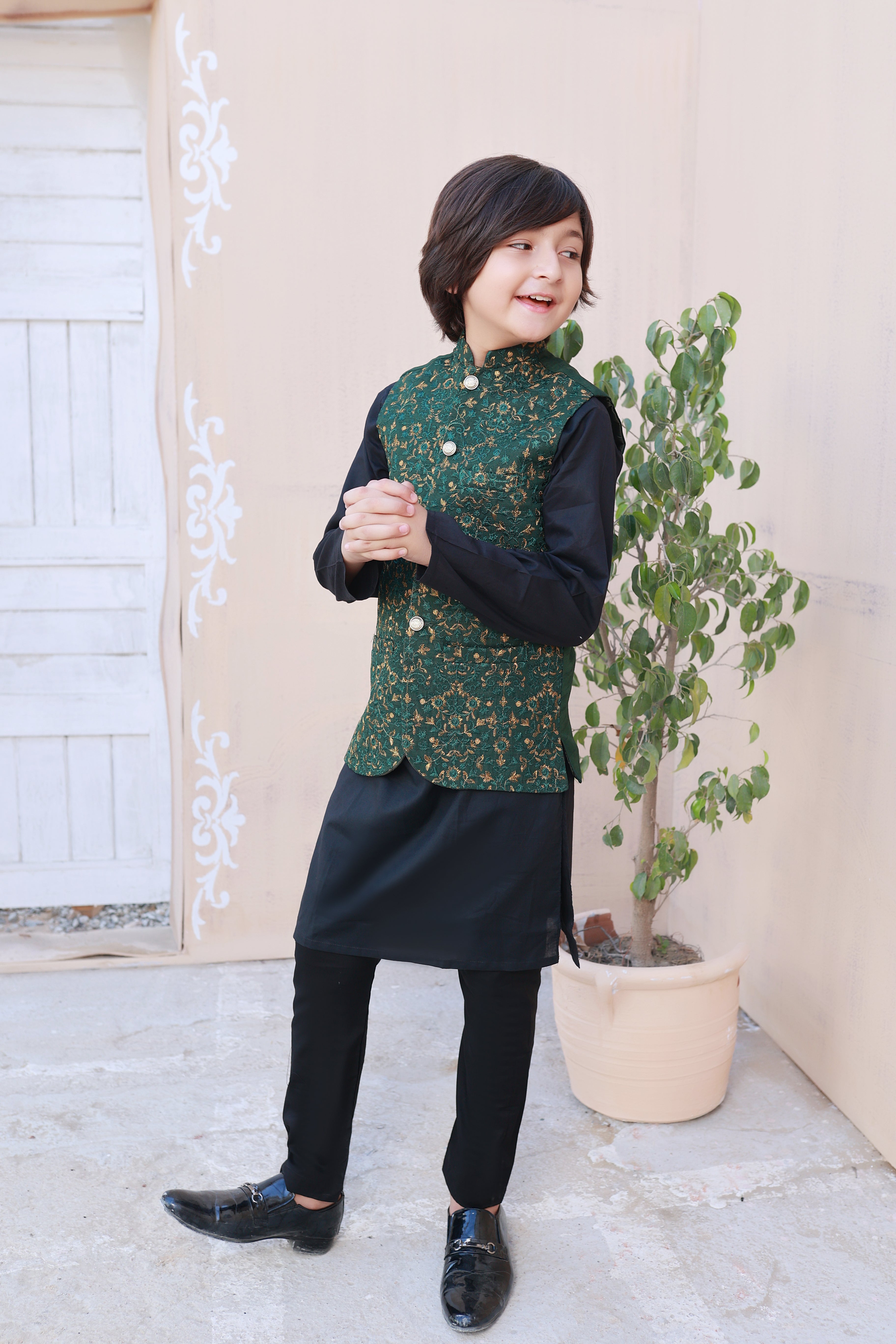 Leaf Green Embroidered Waistcoat with Black Kameez Shalwar For