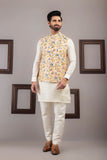 Beige Color Multi Embroidered Waist Coat For Men