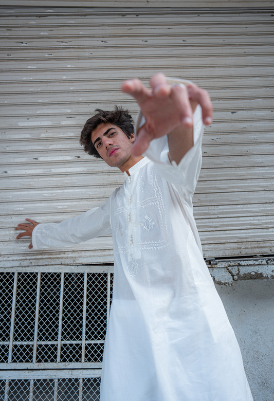 Elegant White Embroidered Kurta with Farshi Shalwar For Men
