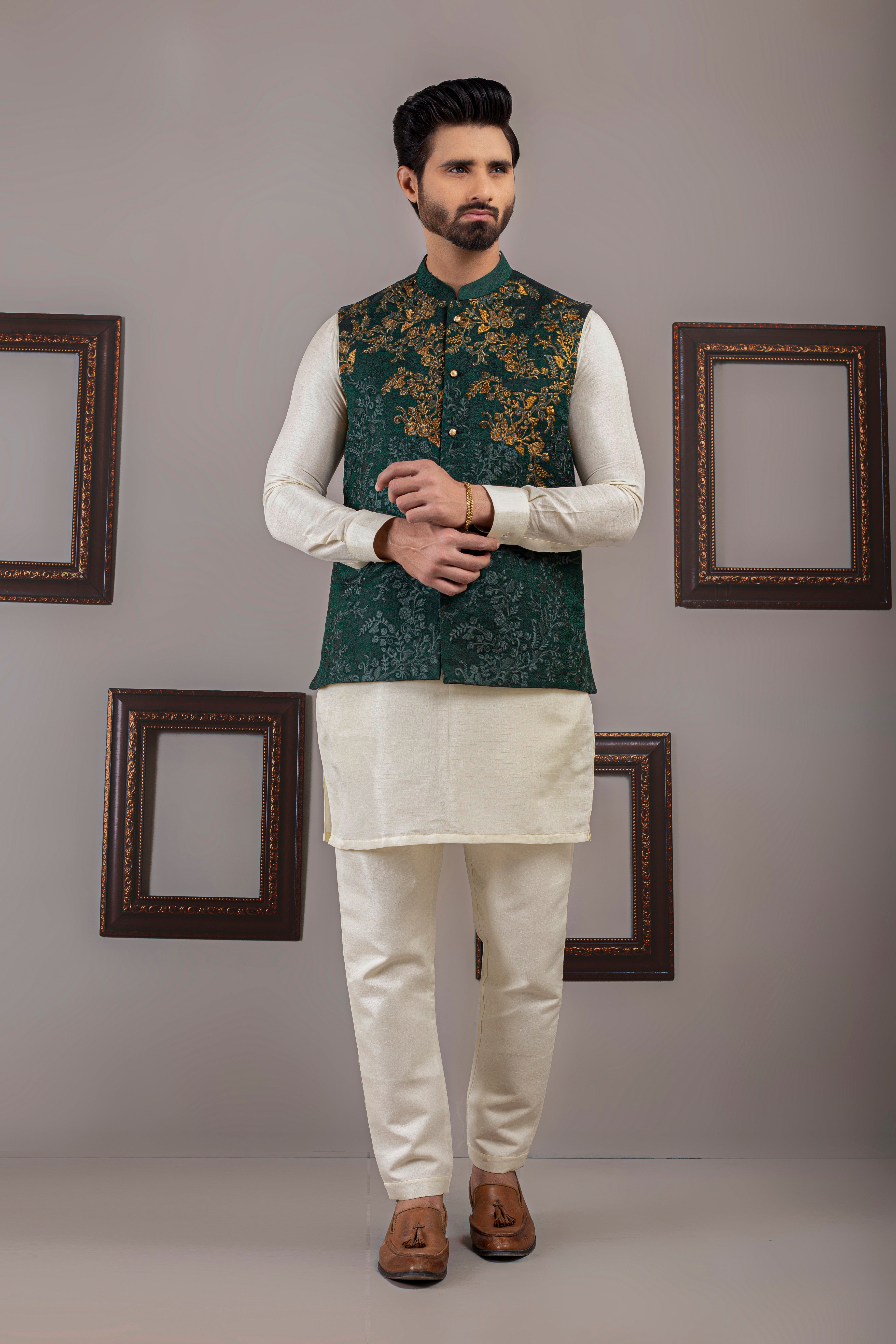 Green Color Copper Embroidered Waist Coat For Men