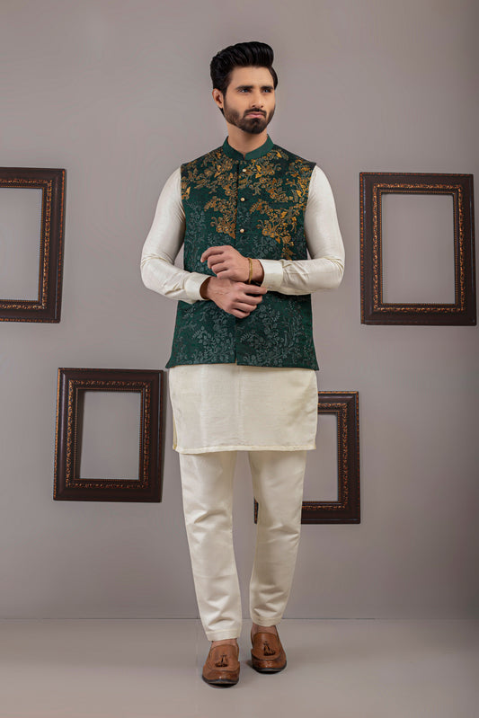 Green Color Copper Embroidered Waist Coat For Men