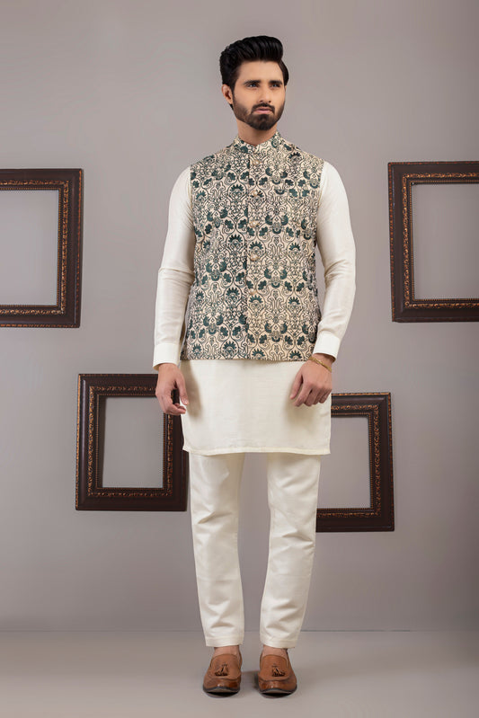 Green Color Beige Embroidered Waist Coat For Men