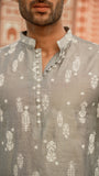 Gray Chikankari Kurta with Loop Buttons For Men