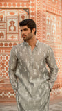 Gray Chikankari Kurta with Loop Buttons For Men
