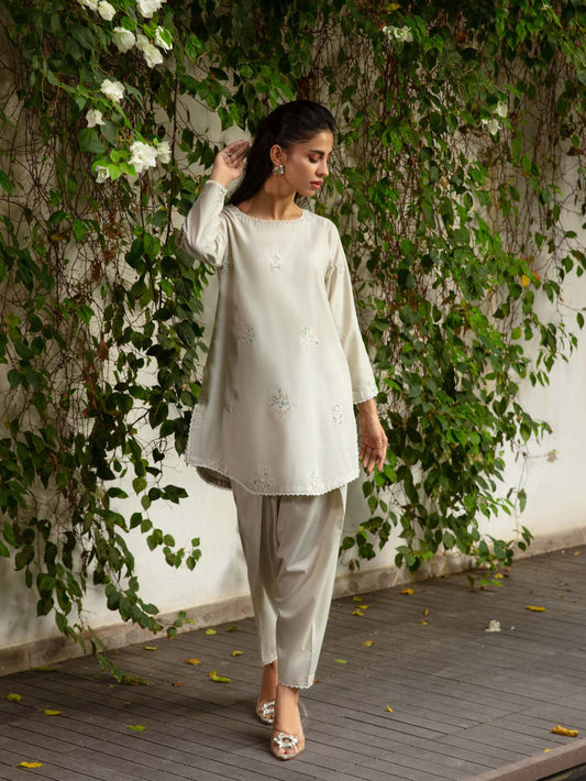 Pearl (Whitish Grey) – Embroidered 2-Piece Cotton Lawn Outfit For Women