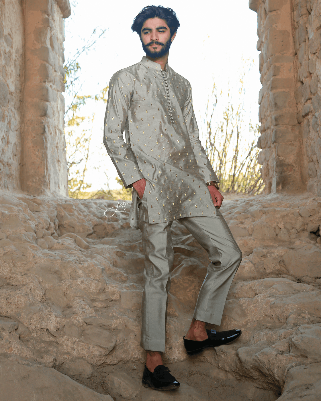 Grey 3-Piece Embroidered Suit with Prince Coat For Men
