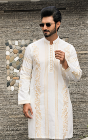 White Color Golden Embroidered Kurta Pajama For Men