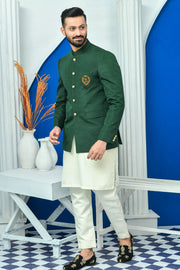 Green Color Raw Silk Embroidered Prince Coat For Men