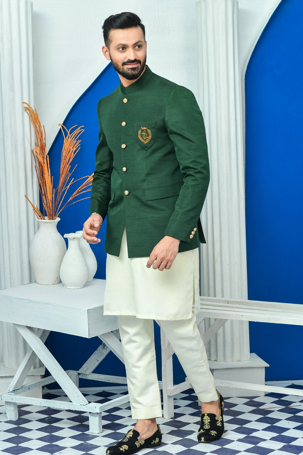 Green Color Raw Silk Embroidered Prince Coat For Men
