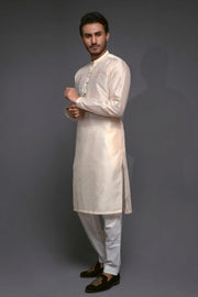 Golden Color Raw-Silk Embroidered Kurta Pajama For Men