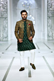 Green Color Copper Embroidered Prince Coat For Men