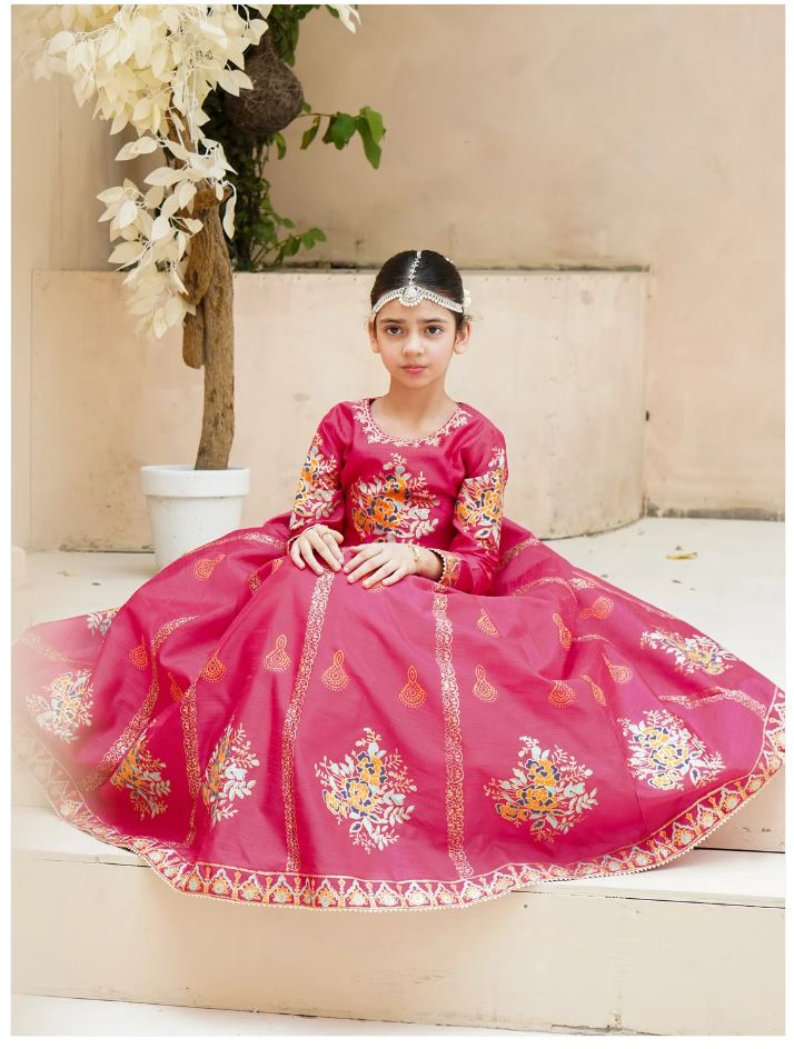 Royal Block Printed Raw Silk Lehenga Choli For Girls
