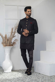 Black Color Block Embroidered Prince Coat For Men