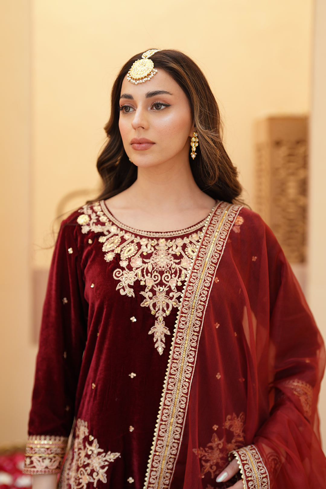 Zeba Maroon Burgundy Velvet Shirt & Sharara with Dupatta For Women