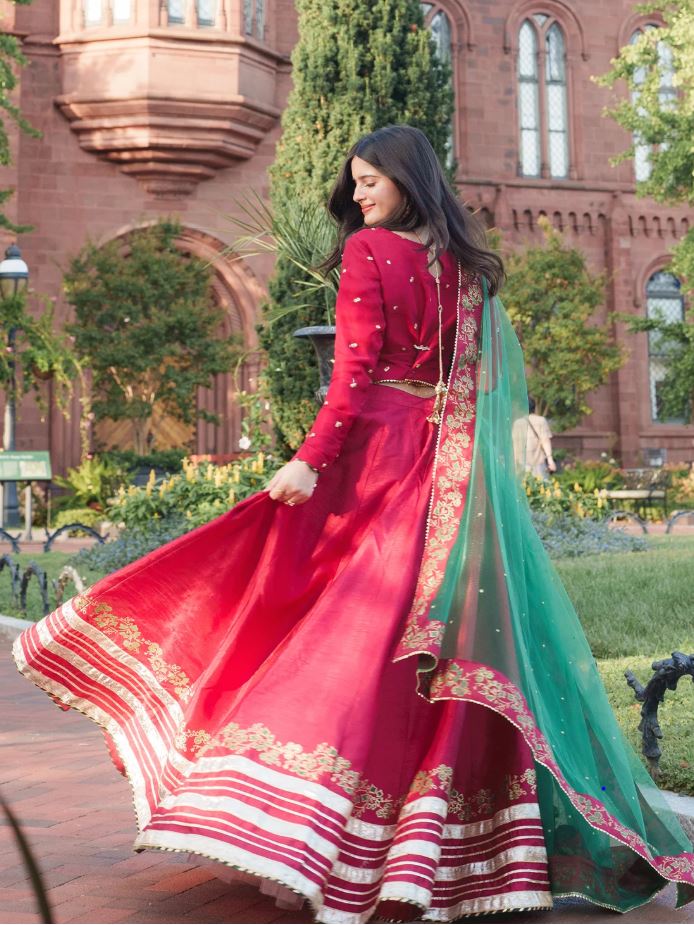 Rubi Red Chiffon Choli with Raw Silk Lehenga & Net Dupatta For Women