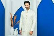 White Jamawar Boti Embroidered Prince Coat For Men