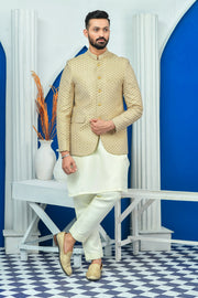 Beige Color Diagonal Embroidered Prince Coat For Men