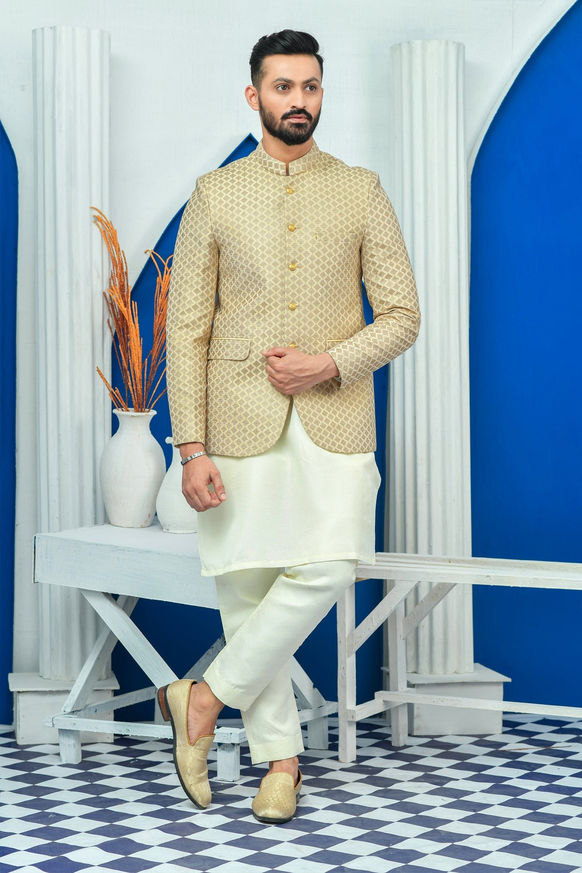 Beige Color Diagonal Embroidered Prince Coat For Men