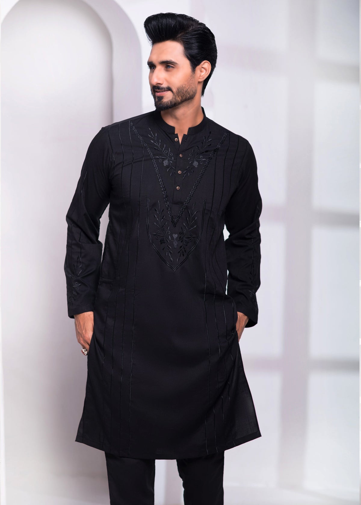 Black Color Wash & Wear Resham Embroidered Kurta Pajama For Men