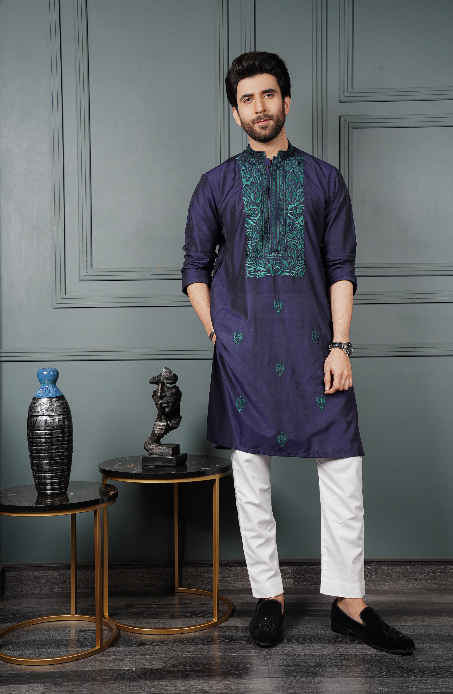 Blue & White Color Neon-Green Embroidered Cotton-Silk Kurta Pajama For Men