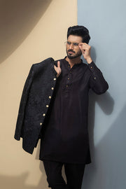 Black Color Floral Embroidered Prince Coat For Men