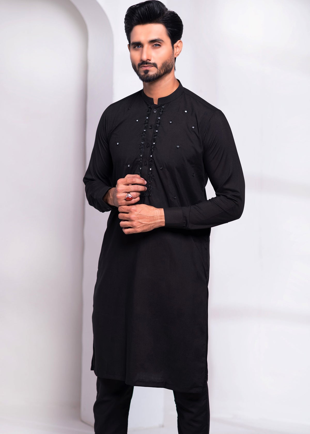 Black Color Mirror Embroidered Kurta Pajama For Men