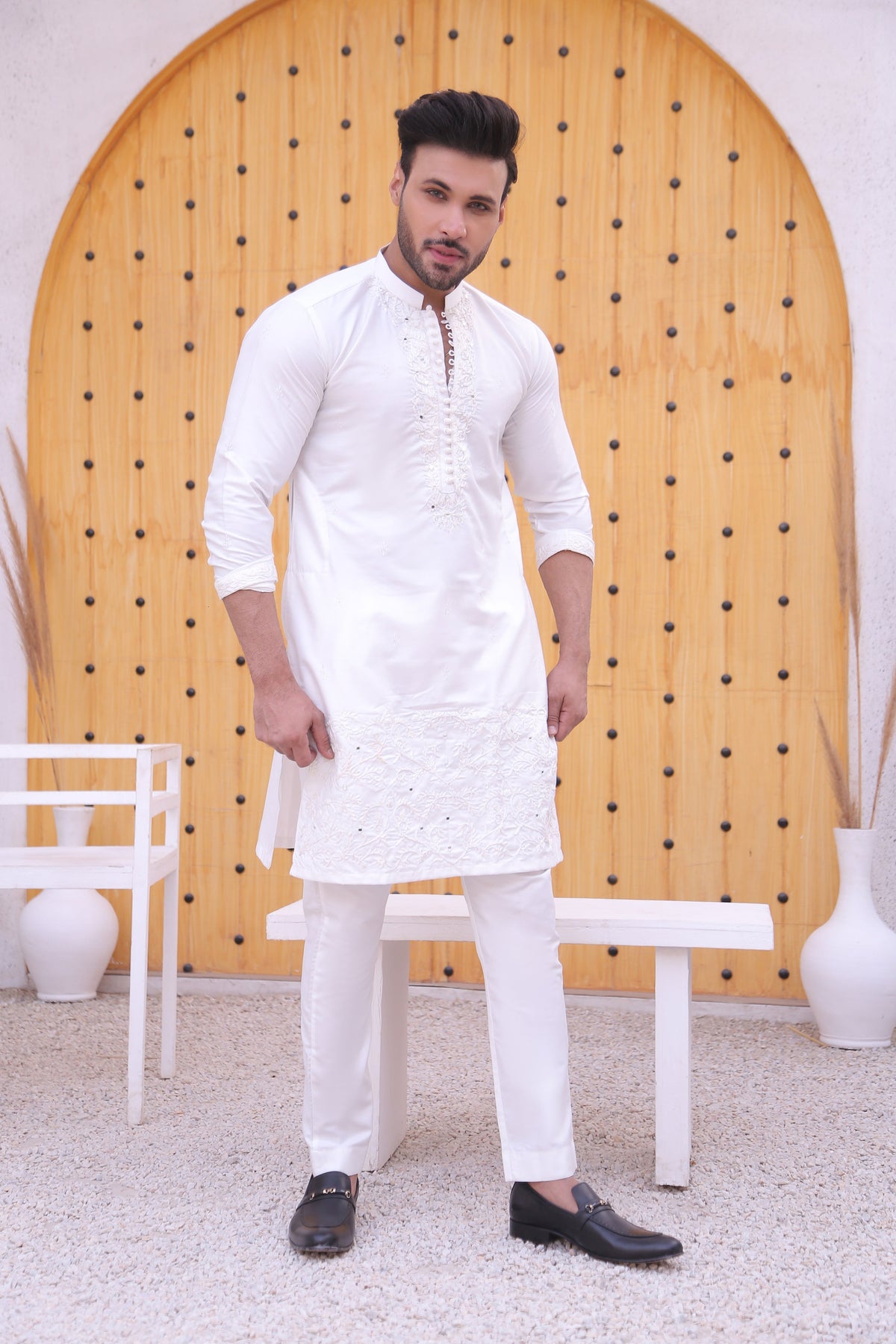 White Color Mirror Work Embroidery Loop Botton Kurta Pajama For Men