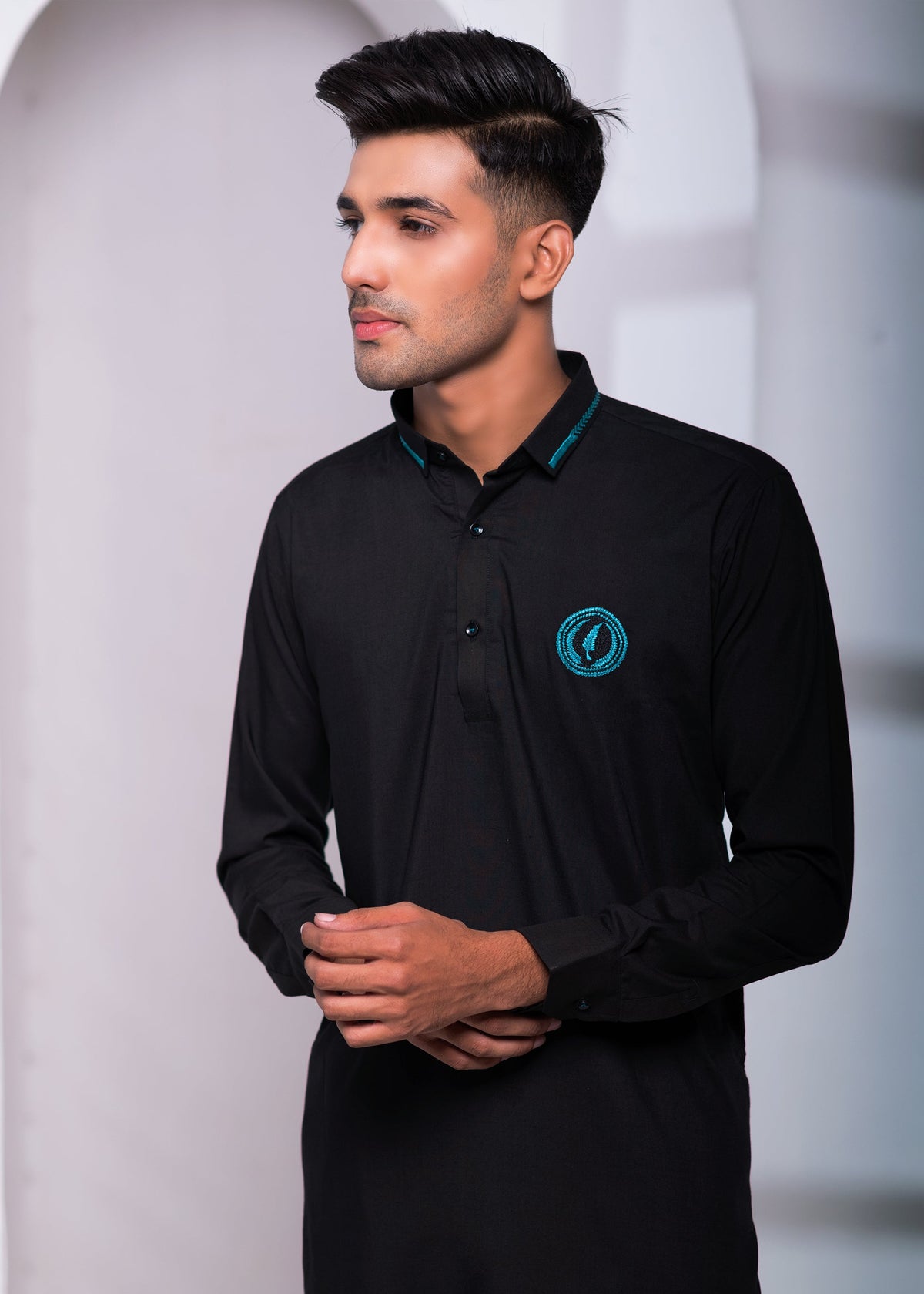 Black Color EMB Collar Embroidered Kurta Pajama For Men