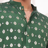 Green & White Color Mirror Embroidered Self-Cotton Kurta Pajama For Men
