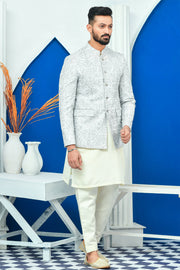 White & Silver Zari Work Embroidered Prince Coat For Men