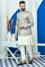 Grey Color Aari Checkered Embroidered Prince Coat For Men
