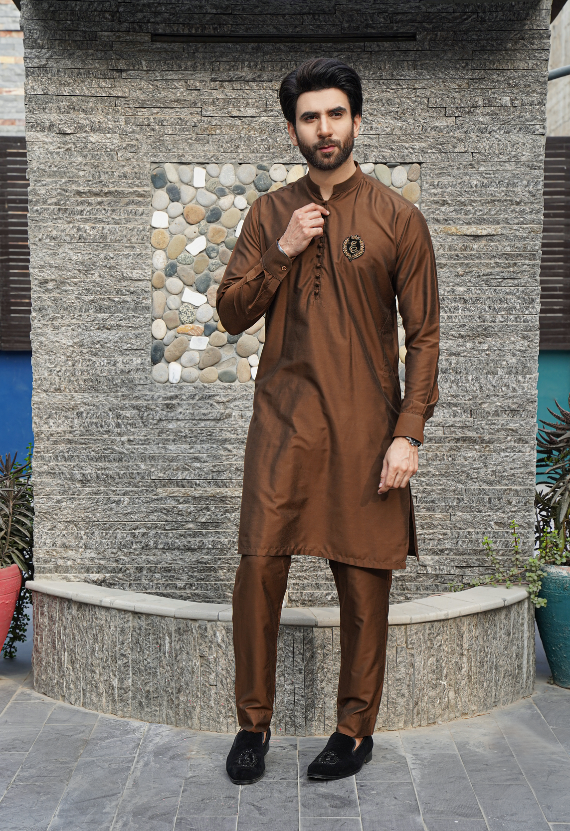 Brown Color Signature Embroidered Raw Silk Kurta Pajama For Men