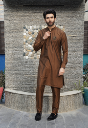 Brown Color Signature Embroidered Raw Silk Kurta Pajama For Men