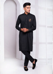 Black Color Golden Signature Embroidered Kurta Pajama For Men