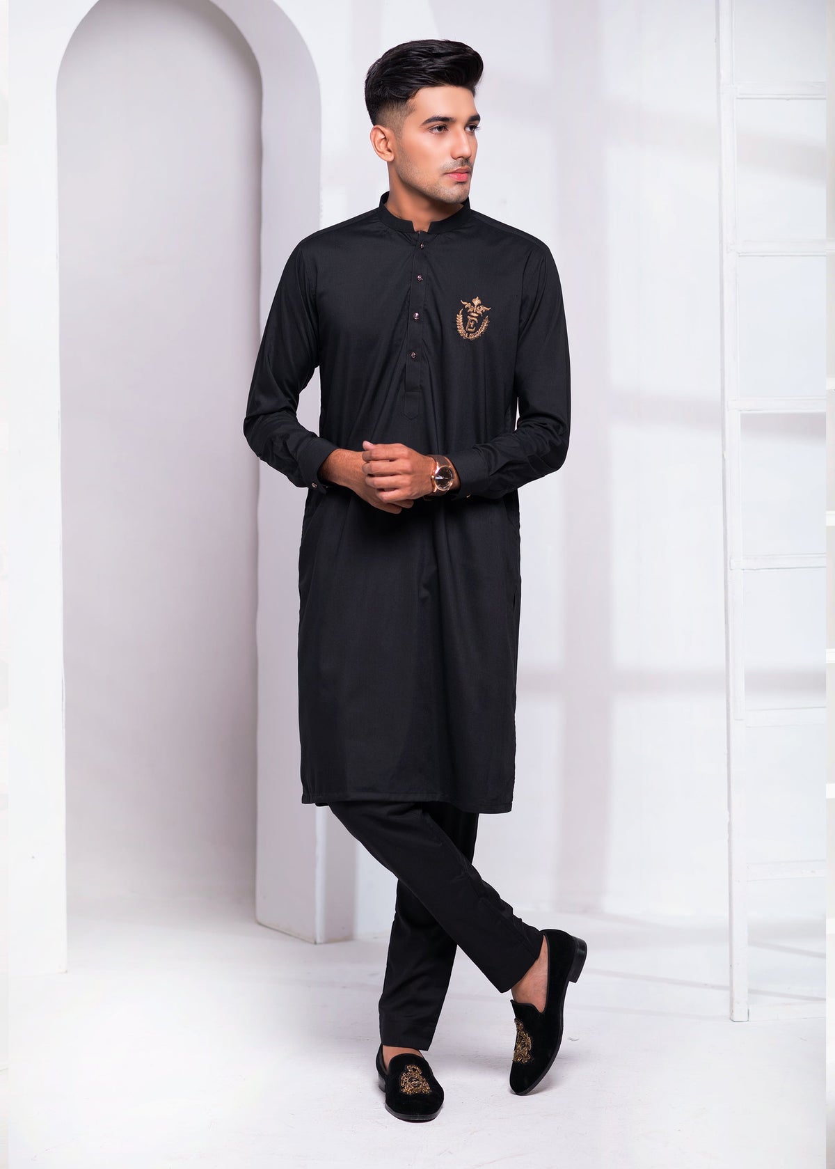 Black Color Golden Signature Embroidered Kurta Pajama For Men
