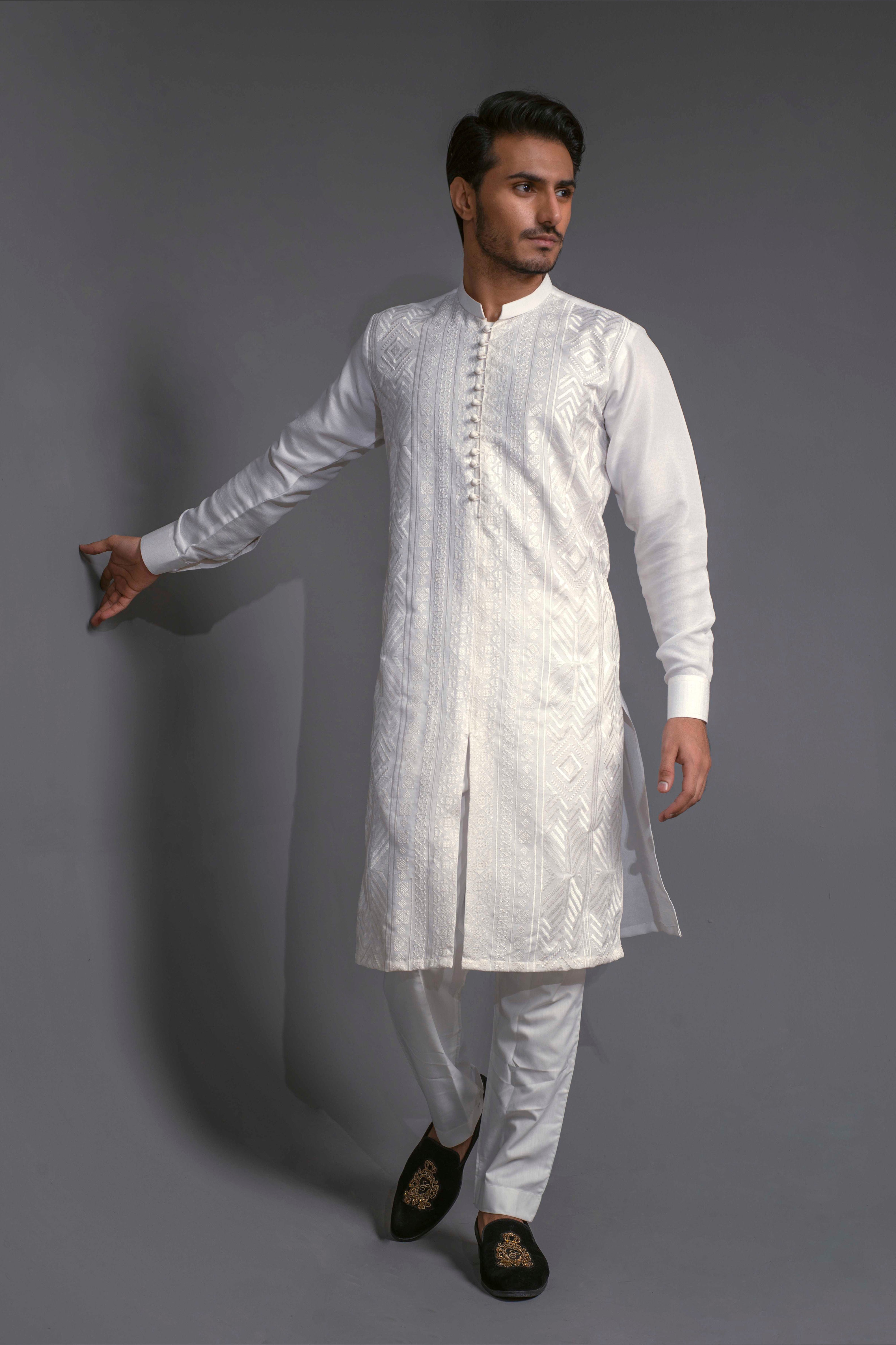 White Color Geometric Embroidered Front Open Design Kurta Pajama For Men
