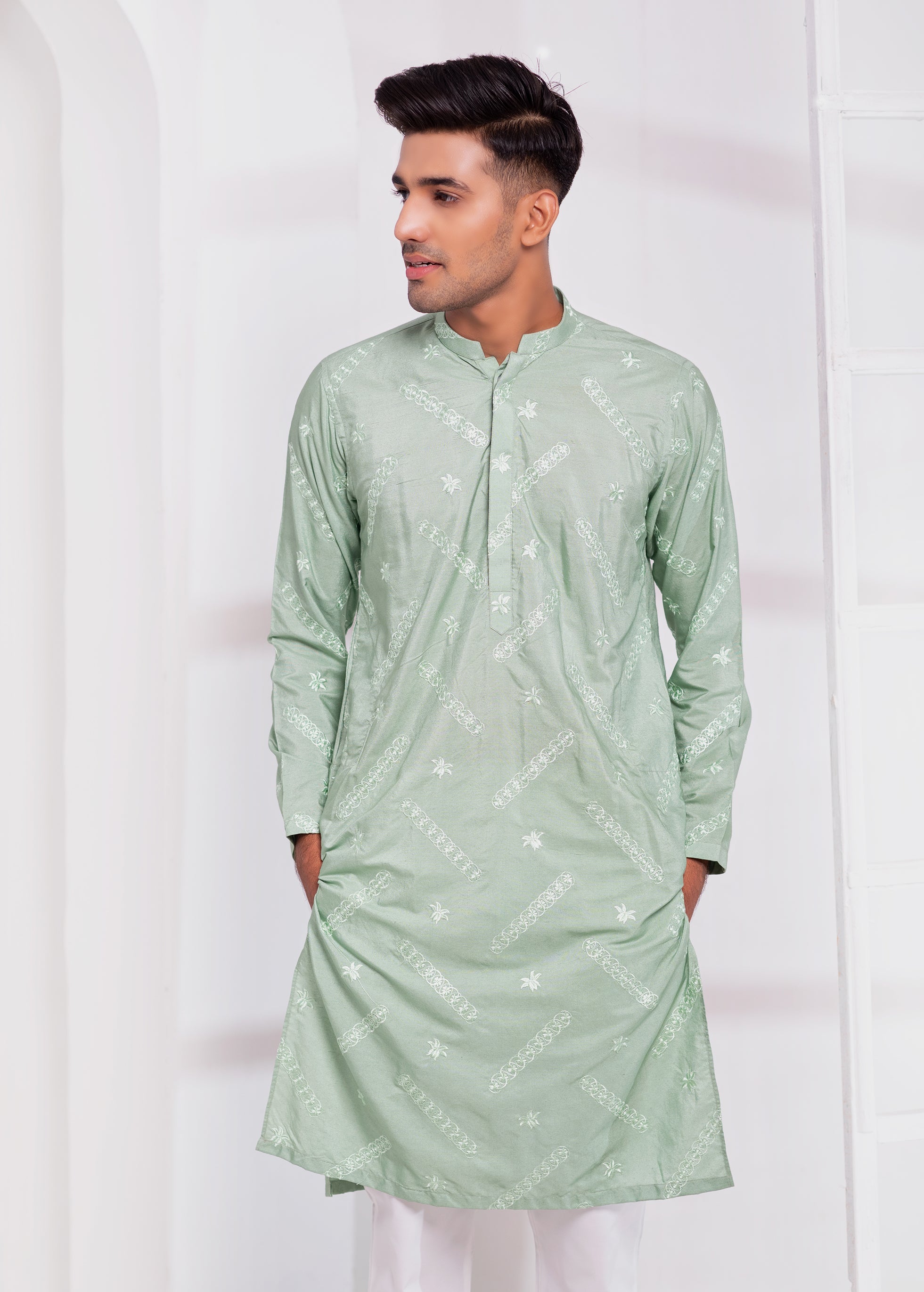 Mint-Green Color Embroidered Kurta Pajama For Men