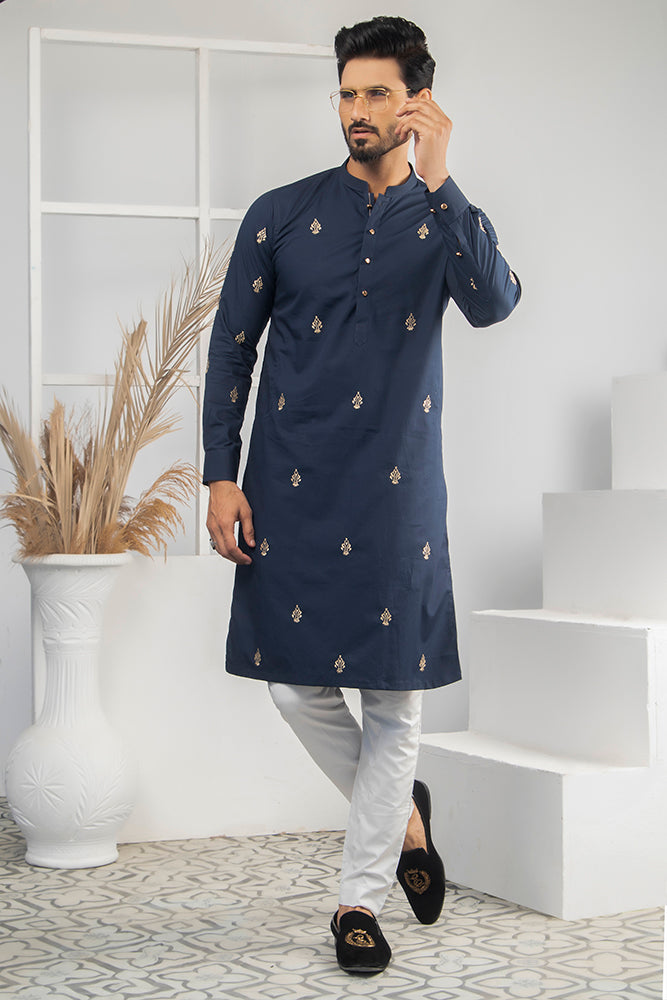 Blue & White Color Gold Embroidered Kurta Pajama For Men