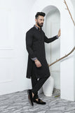 Black Color Cut Collar Embroidered Kurta Pajama For Men